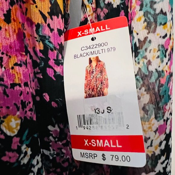 Vince Camuto-NWT-X Small-Vibrant Floral Puffed Long Sleeve-V Neck Mini Bl/Pk Mix - Picture 13 of 16